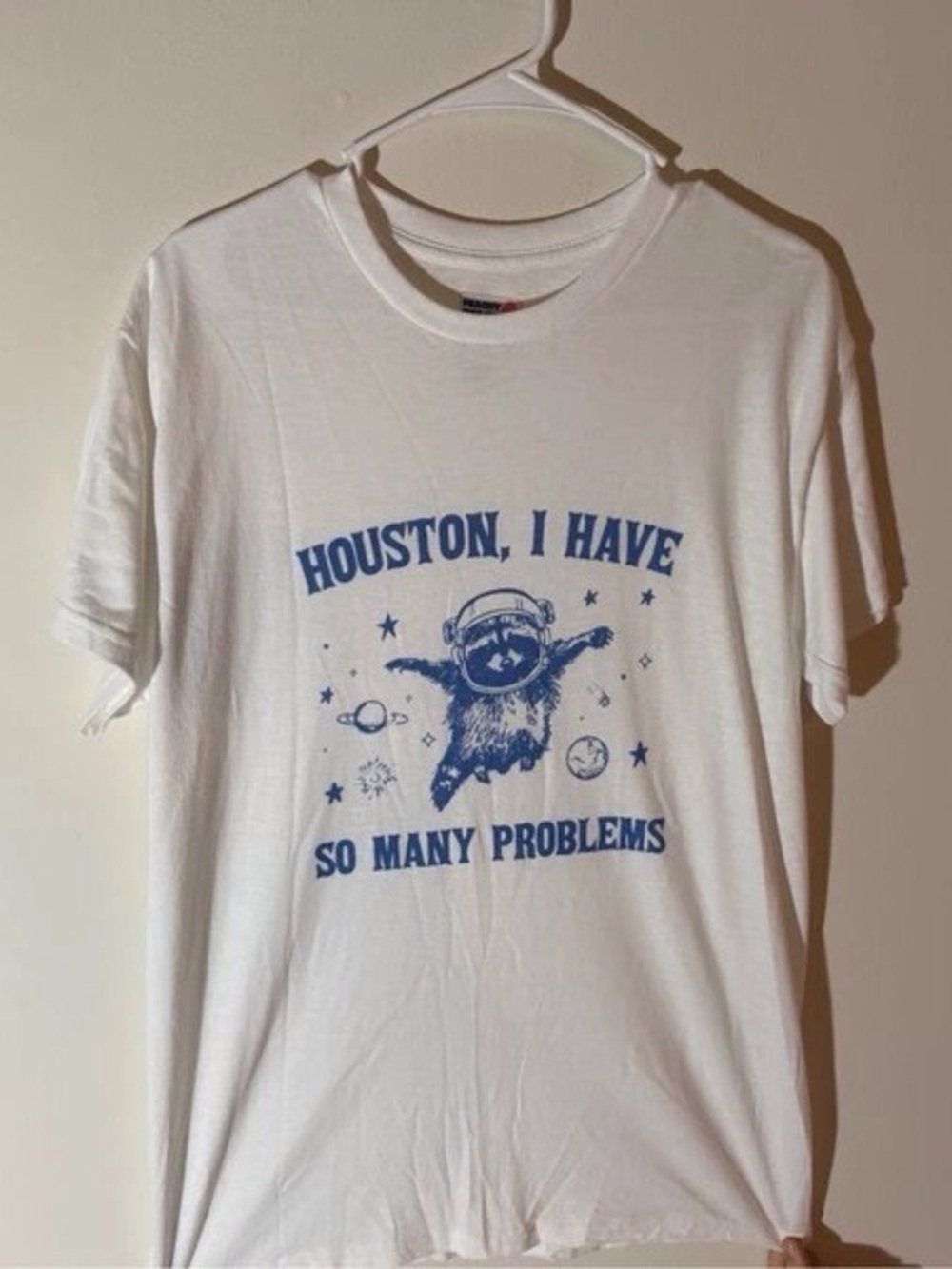 White House Black Market White T-Shirt with Blue Astronaut Sloth Graphic